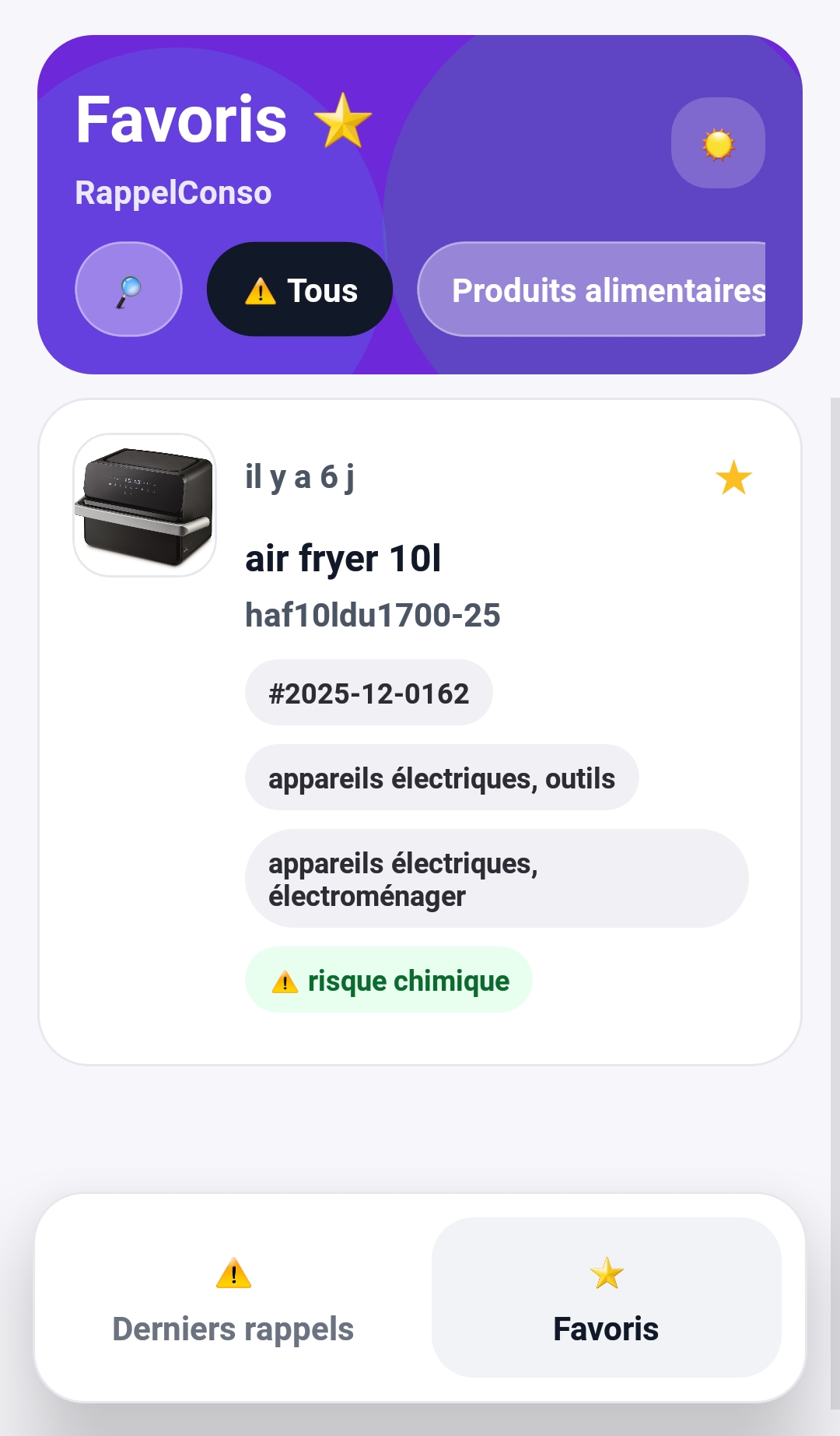 Aperçu application AlerteConso - écran 2